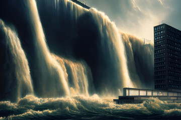 A giant tsunami floods a city. 