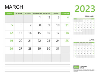March 2023 year, Calendar planner 2023 template, week start on Sunday, Desk calendar 2023 design, simple and clean design green background, Wall calendar, Corporate design planner template vector