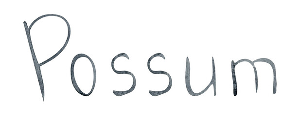 Hand drawn watercolor lettering "possum". Watercolor illustration, isolated on transparent background. For postcard design, web design.