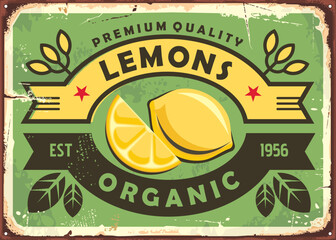 Lemons vintage market sign. Fruits retro poster design. Food and farming vector image.