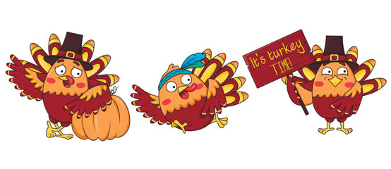 Fototapeta premium Bundle of cartoon funny turkeys in different poses wearing a pilgrim's hat and an Indian headband with feathers