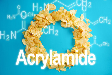 Acrylamide in food. Chips snack food and chemical formula of acrylamide. Europe imposes a...