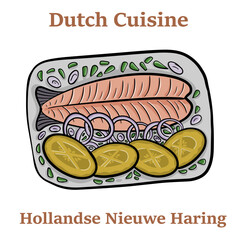 Freshly salted herring fish, traditional dutch delicacy called hollandse nieuwe on turquoise plate and white background.