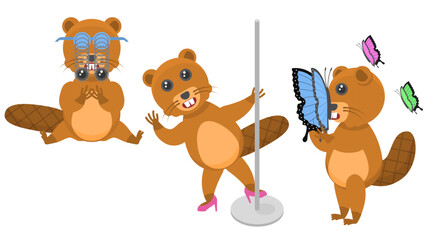 Set Abstract Collection Flat Cartoon Different Animal Beavers With A Huge Butterfly On The Nose, In Goggles With Bulging Eyes, Dancing On A Pole Style Elements Fauna Wildlife
