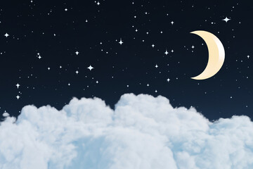Fototapeta premium Abstact 3d render night scene and Natural podium background, cloud podium with night sky, moon and stars for product display advertising or etc