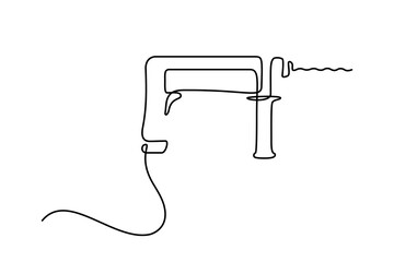 Percussion drill in continuous line art drawing style. Side view of rotary hammer drill power tool black linear design isolated on white background. Vector illustration