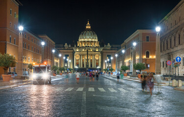 Along avenue Della Conciliazione to St Peter's Basilica. Night view