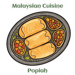 Popiah. A thin paperlike crepe or pancake wrapper stuffed with a filling made of cooked vegetables and meats. Malaysian Cuisine.