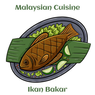 Ikan Bakar. Grilled fish with banana leaves served with warm plain rice, cucumber and hot sauce. Malaysian Cuisine.