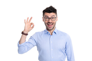 Naklejka premium surprised ceo man in studio. ok gesture of man ceo. adult ceo man in glasses showing ok gesture.
