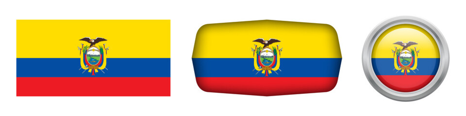 Ecuador national flag in three versions rectangular, ellipse and round flag on white background. vector illustration