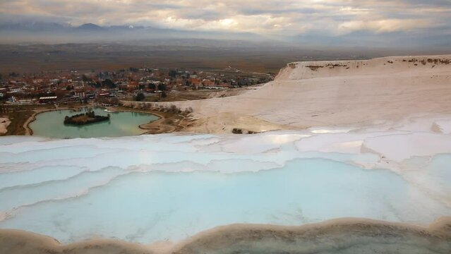 Footage of the travertine terraces in Pamukkale, Turkey.