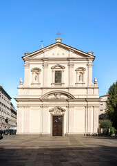 Obraz premium Façade of the Church of Saint Frances of Rome built in 17-18th century, in Porta Venezia district, Milan City center, Lombardy region, Italy