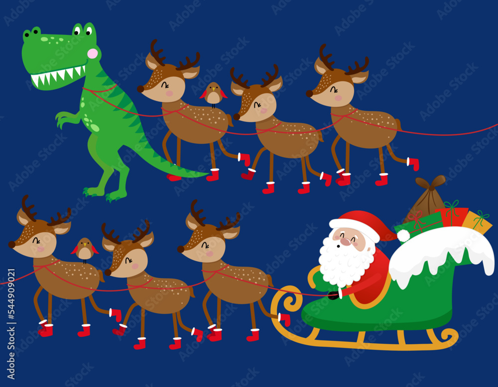 Wall mural Santa rides a sleigh with reindeers and a trex dinosaur. Merry Christmas, xmas and happy new year funny concept. Cartoon vector illustration. Santa Claus is coming to town. - Wall murals
