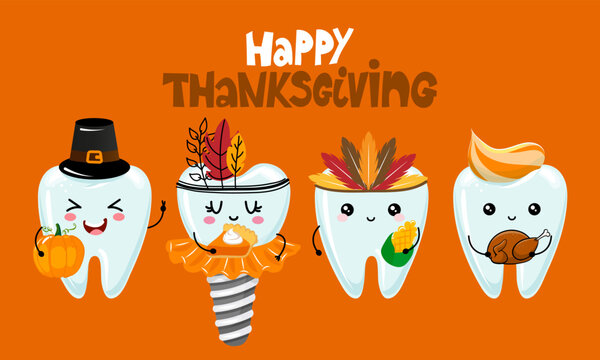 Happy Thanksgiving - Tooth family characters design in kawaii style. Hand drawn Toothfairy with funny quote. Good for school prevention posters, greeting cards, banners, textiles.
