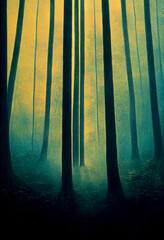 Horizontal shot of a scary foggy forest 3d illustrated