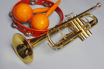 Maracas, tambourine and golden trumpet on a light background.