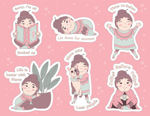 Bundle of stickers with a cute girl in a voluminous ugly hygge sweater. Happy character in winter cozy clothes rejoices in loneliness, sits at home, introvert, stay-at-home