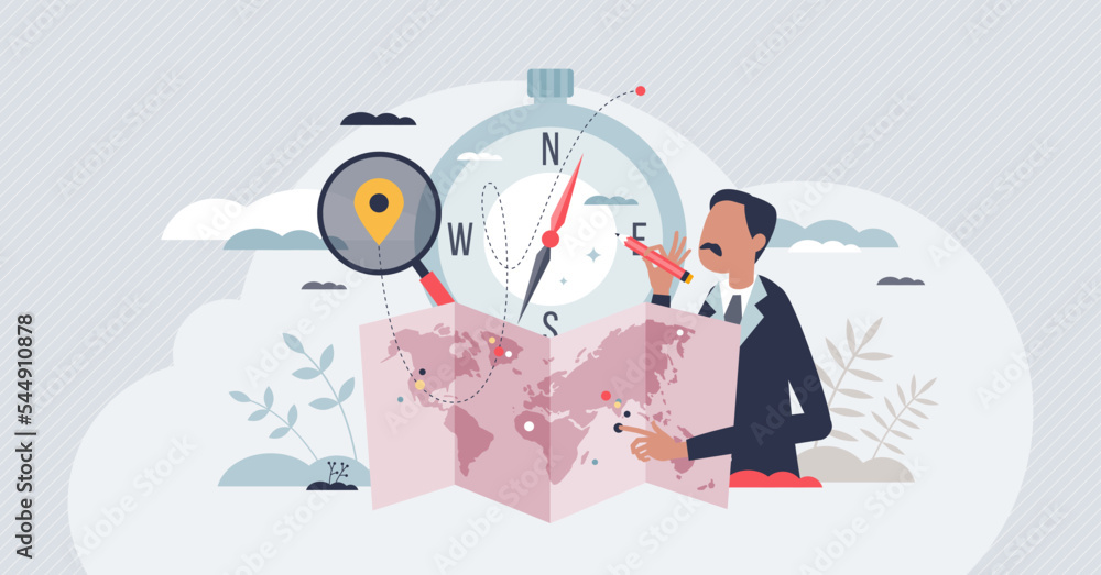 Aufkleber cartographer occupation with professional mapping work tiny person concept. map data research and de