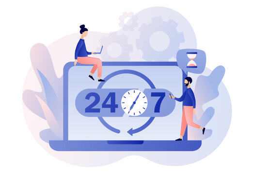 Around clock. 24 hours watch with arrow on laptop screen. 24-7 support service, open, time, working hours, delivery concept. Modern flat cartoon style. Vector illustration on white background
