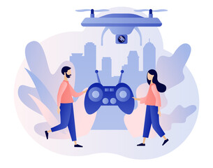 Drone videography, aerial photography, quadcopter operator, air survey services, drone photo. Drone with camera. Modern flat cartoon style. Vector illustration on white background
