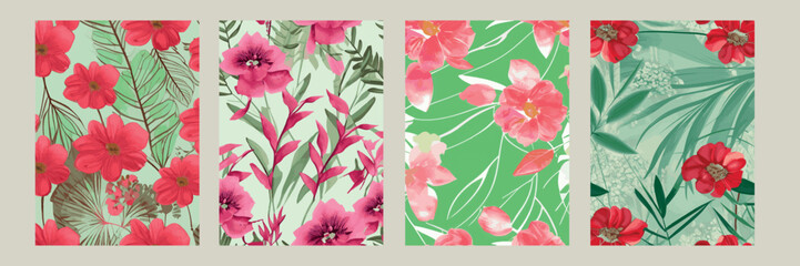 Floral hand drawn background. Botanical line art wallpaper with flowers, branches and eucalyptus leaves. Design in red and green shades watercolor texture for banner, prints, wall art and home decor. © Данил Шкадоревич