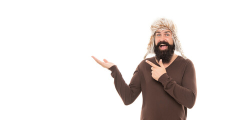 hipster isolated on white. confident guy with moustache wear warm hat. male winter fashion.