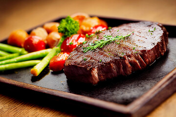 Vertical shot of cooked delicious beef with tomato and vegetables 3d illustrated 