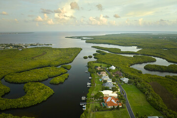 Aerial view of residential suburbs with private homes located near wildlife wetlands with green vegetation on sea shore. Living close to nature concept