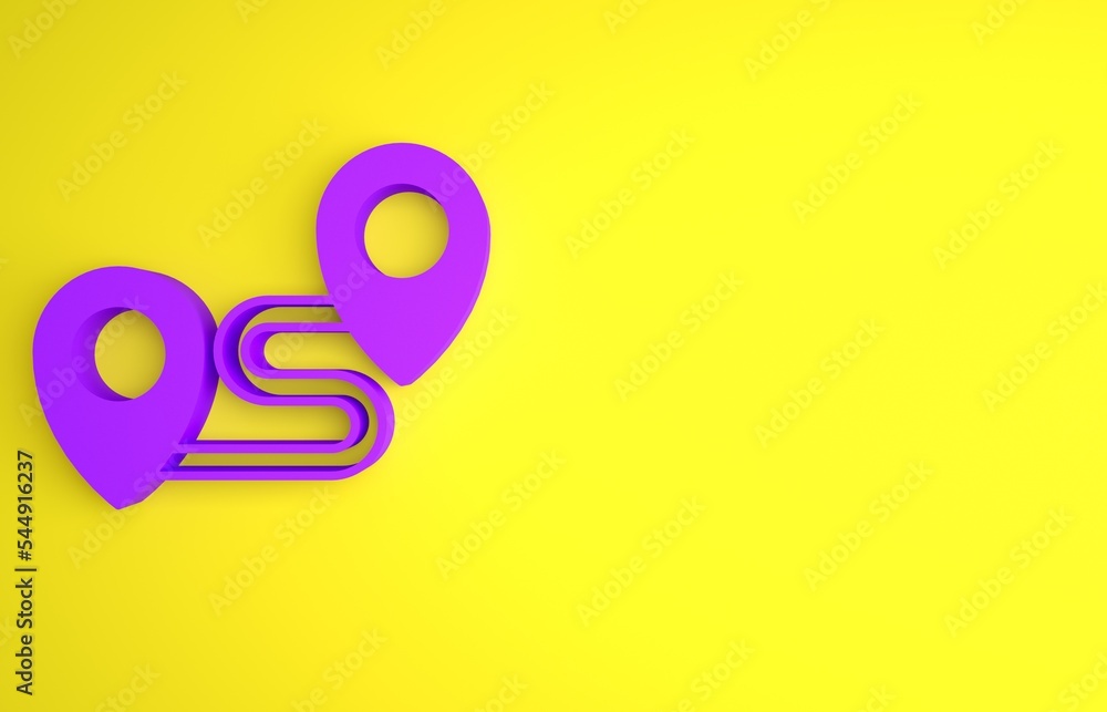 Poster purple route location icon isolated on yellow background. map pointer sign. concept of path or road.