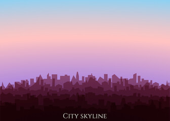 Cityscape with sunrise. Morning landscape of modern city silhouettes. Vector cityline background