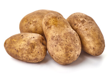 Unwashed potatoes, isolated on white background.