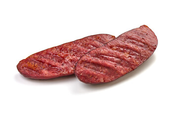 Grilled bratwurst Pork Sausages, close-up, isolated on white background.