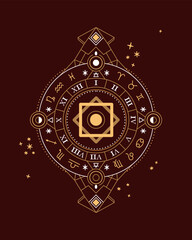 Fototapeta premium Alchemical golden basic symbol with moon phases on dark-red background. Zodiac horoscope signs vector illustrations. Magic circle ring. Coloring Astrology vector illustrations.