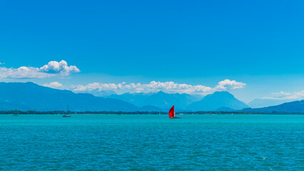 Germany, Beautiful panorama view bodensee blue lake water austrian swiss coast from lindau, sailboats lake sunny day vacation