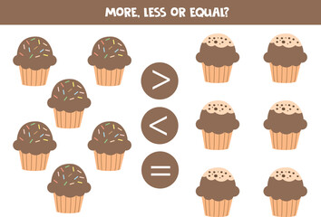 More, less or equal with cartoon cupcakes or muffins.