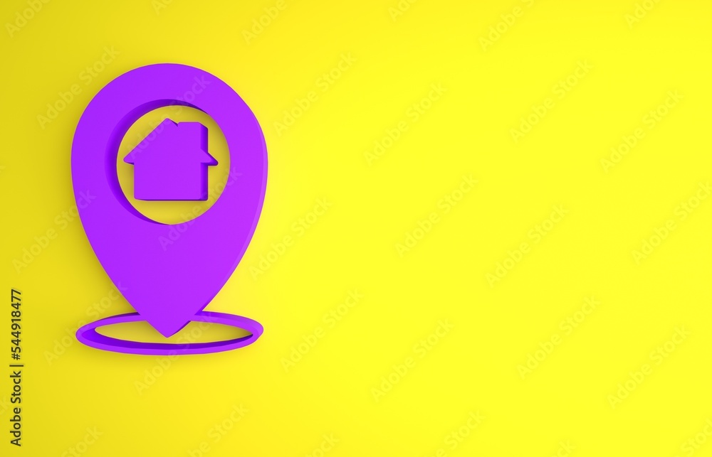 Poster purple map pointer with house icon isolated on yellow background. home location marker symbol. minim