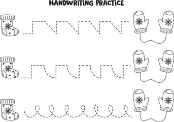 Tracing lines for kids. Christmas stocking and mittens. Black and white worksheet.