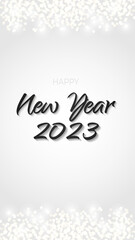 Black Happy New Year 2023 banner glittering silver. Metal sparkling ring with dust glitter graphic on white background. Beautiful numbers graphic design template. Luxurious gradient calendar