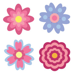 Collection of flat vector cartoon flowers. Set of silhouettes isolated on white background. Bright icons for design, printing, stickers, scrapbooking. Cute, simple style. Pink, blue.