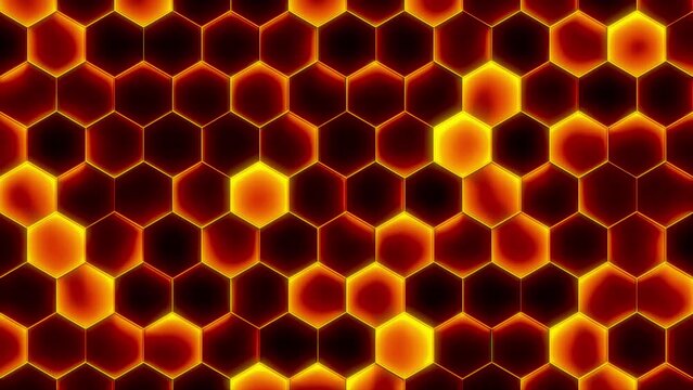 Abstract motion background made of random moving fire hexagons. Abstract honeycomb background. Lightweight, minimal, movable hex mesh. Seamless looping animation