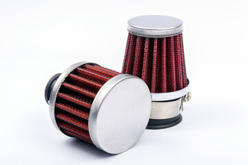 Conical chrome air filters with  - tuning accessory on a white background