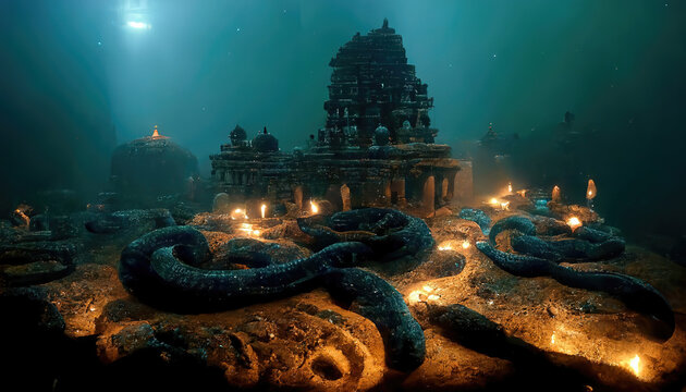 AI generated image of Nagaloka, the ancient Indian city of snakes underwater as mentioned in the Indian epic Mahabharata