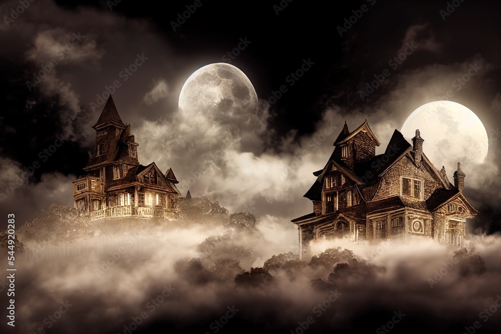 Wall mural Haunted ghostly mansion on top of the hill on a full moon night and low clouds. 