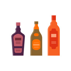 Set bottles of liquor, brandy, balsam. Great design for any purposes. Icon bottle with cap and label. Flat style. Color form. Party drink concept. Simple image shape