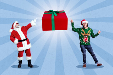 Creative collage photo of overjoyed funny man santa claus fingers pointing at present gift isolated on blue striped color background