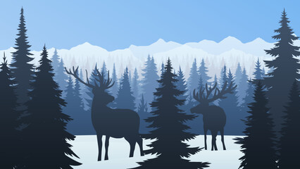 Nature mountains landscape silhouette. Winter coniferous forest with snow, frozen weather. Animals in the pine forest, deer stay in the woods. Vector illustration. Christmas background. 