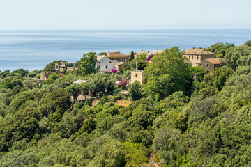 Panoramic view of Baragogna village, near Morsiglia,  in Cape Corse, northern Corsica, France.