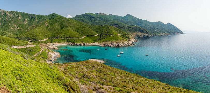 Panoramic view with the beautiful Plage d'Aliso, near Morsiglia, in northern Corse, France.