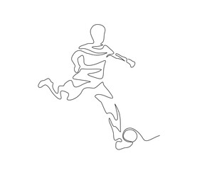 Continuous one line drawing of soccer player. Abstract football player simple line art vector design.